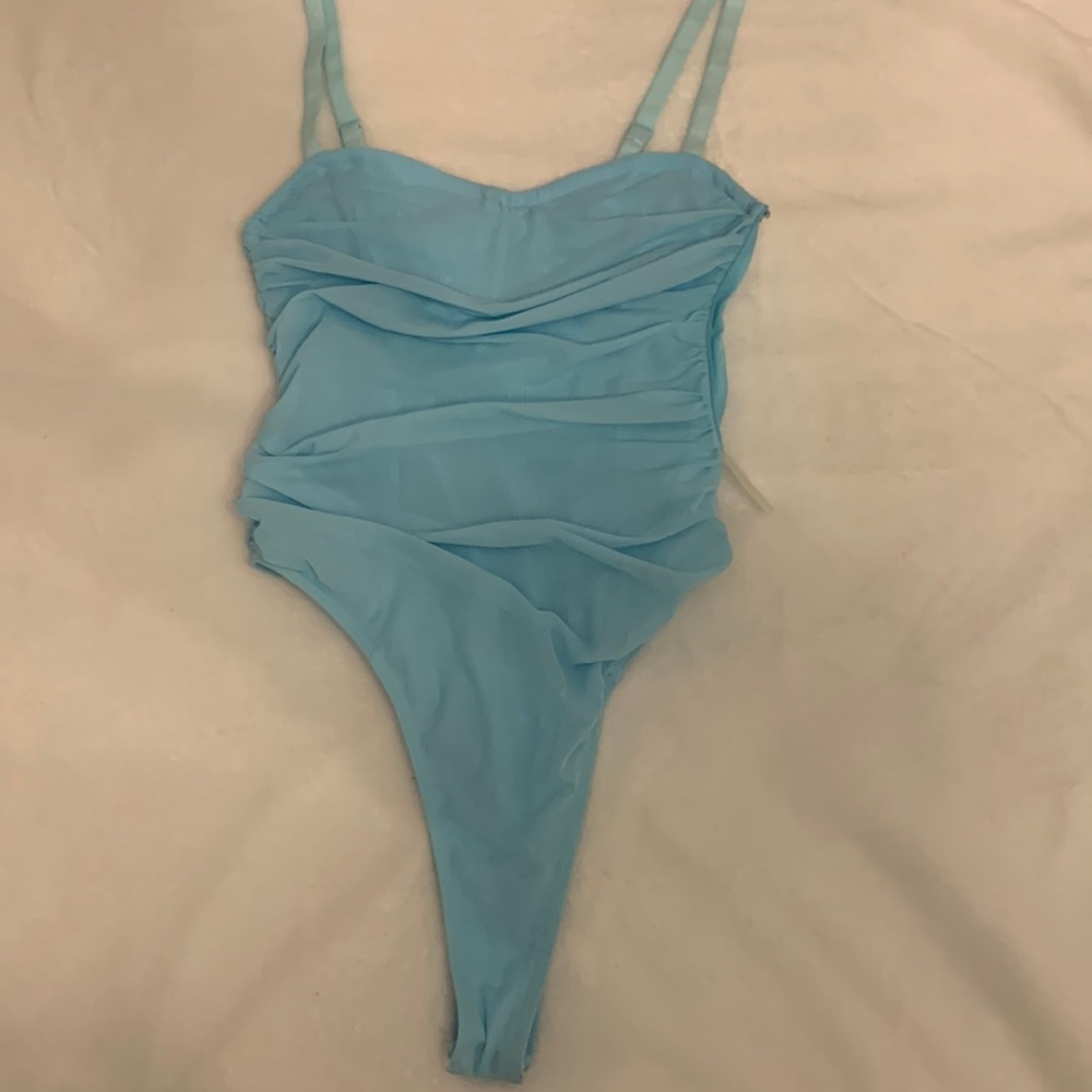 Ruched Sheer Blue Bodysuit